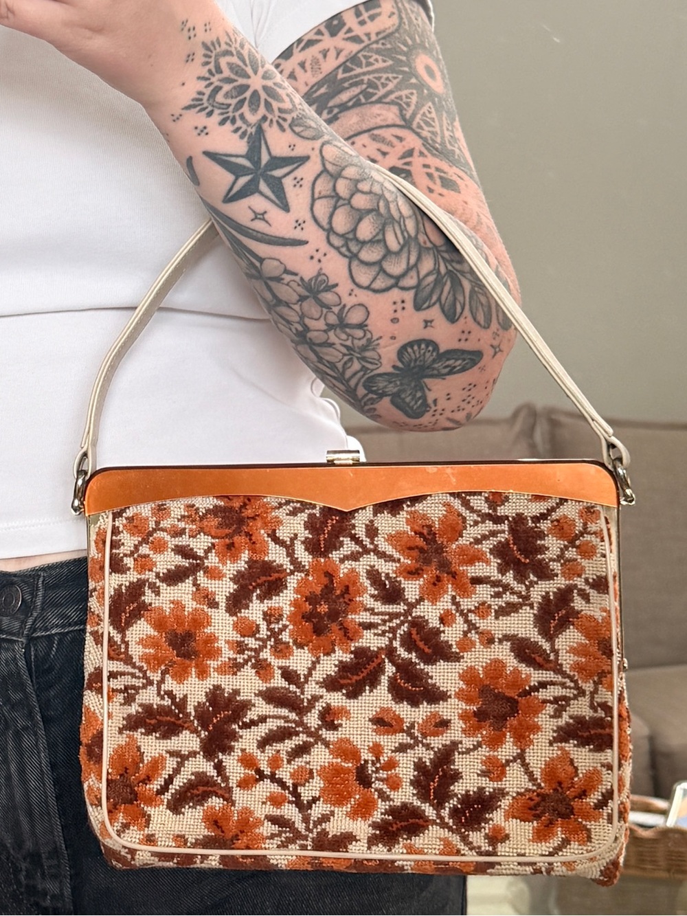 Vintage Floral Tapestry Shoulder Bag in Orange and Brown